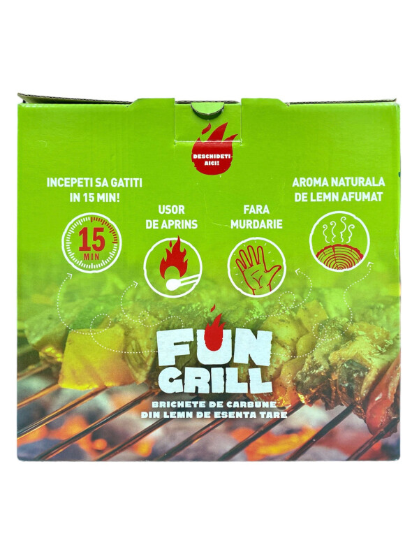 FUN GRILL, KIT BRICHETE DE CARBUNE PENTRU GRATAR CU LEMNE SI CHIBRITURI PENTRU APRINS