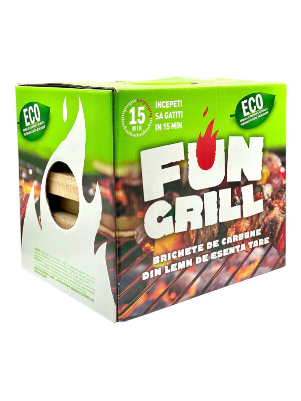 FUN GRILL, KIT BRICHETE DE CARBUNE PENTRU GRATAR CU LEMNE SI CHIBRITURI PENTRU APRINS