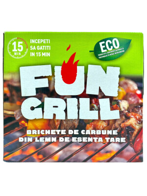 FUN GRILL, KIT BRICHETE DE CARBUNE PENTRU GRATAR CU LEMNE SI CHIBRITURI PENTRU APRINS